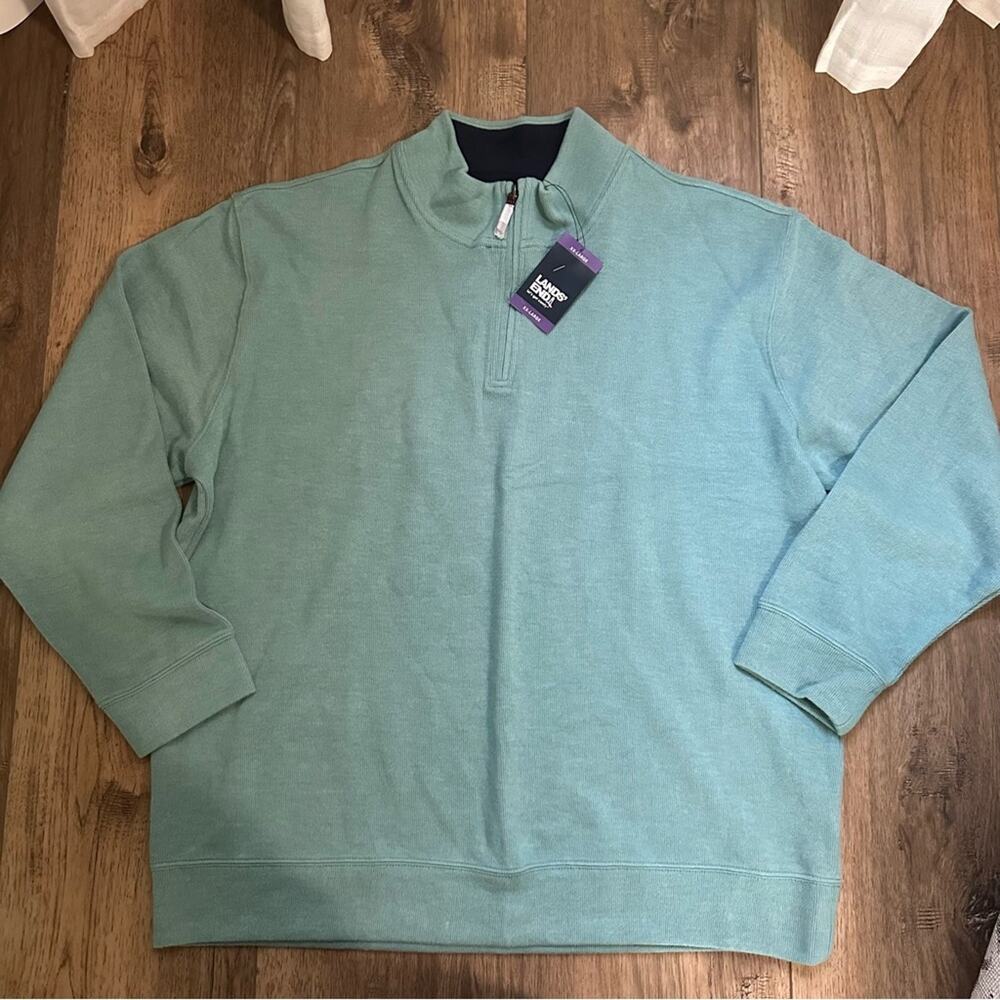 NWT!! Land’s End Men’s Bedford Quarter-Zip Pullover, Ribbed, Blue Green,‎ XXL